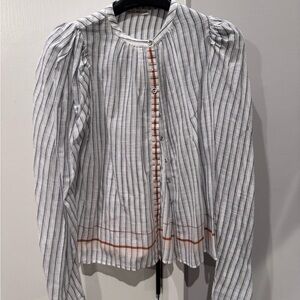 Ulla Johnson White and Blue Striped Button-Down Shirt